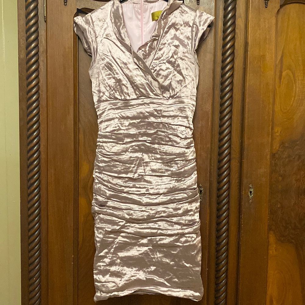 Nicole Miller Techno Metal Rouched Dress - Dusty Pink